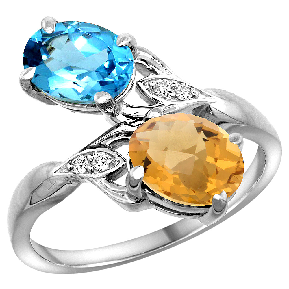 14K WHITE GOLD DIAMOND NATURAL SWISS BLUE TOPAZ & WHISKY QUARTZ 2-STONE RING OVAL 8X6MM, SIZES 5 - 10