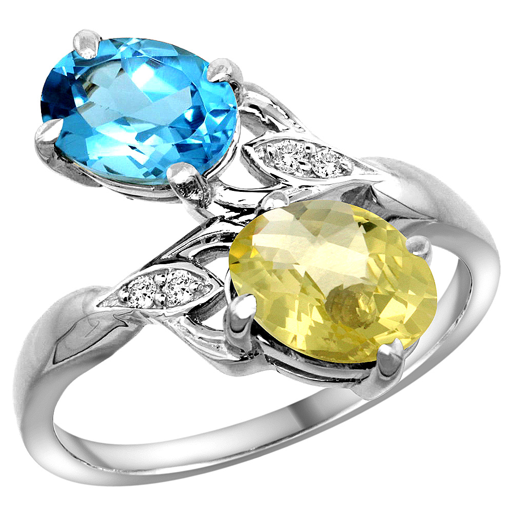 14K WHITE GOLD DIAMOND NATURAL SWISS BLUE TOPAZ & LEMON QUARTZ 2-STONE RING OVAL 8X6MM, SIZES 5 - 10