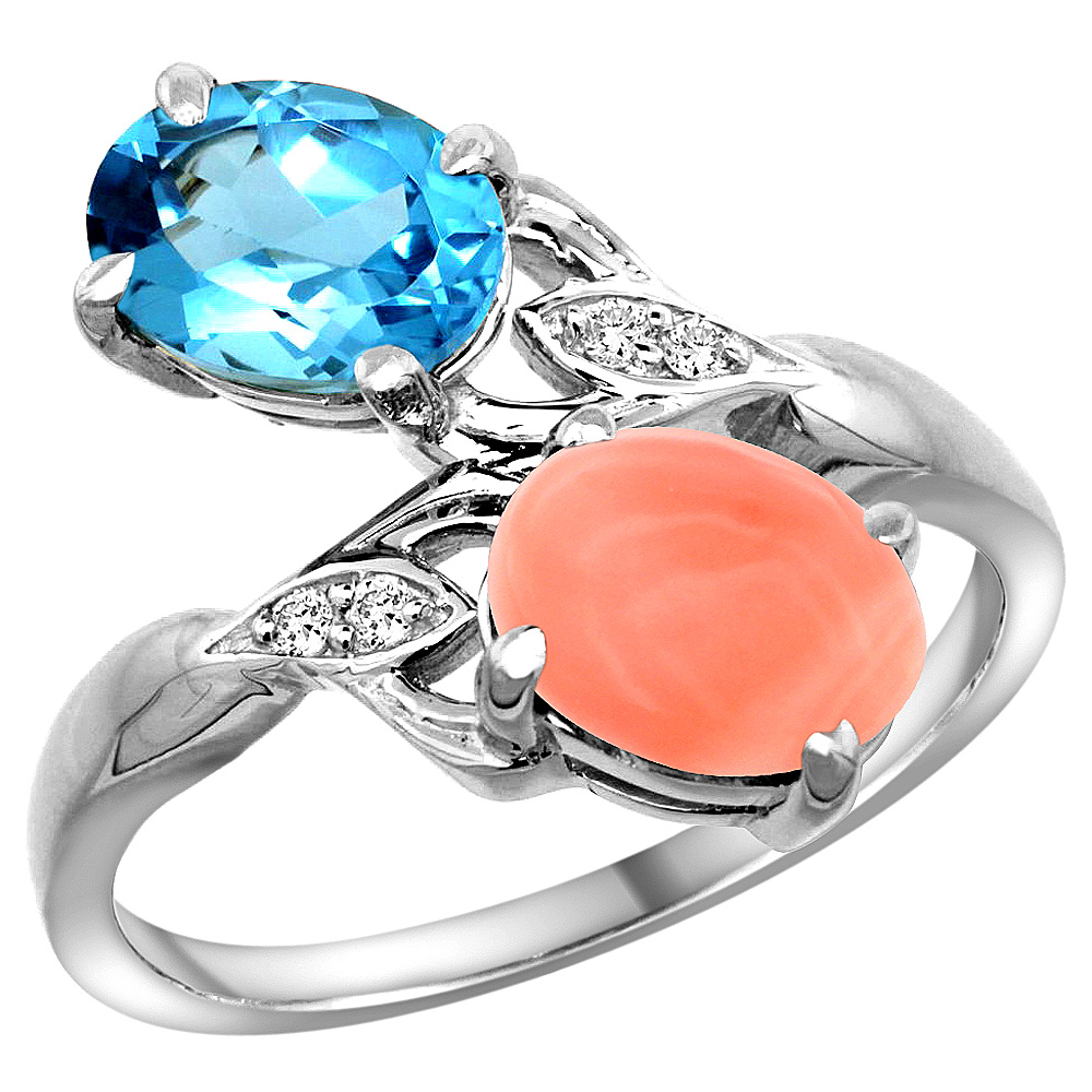 14k White Gold Diamond Natural Swiss Blue Topaz &amp; Coral 2-stone Ring Oval 8x6mm, sizes 5 - 10