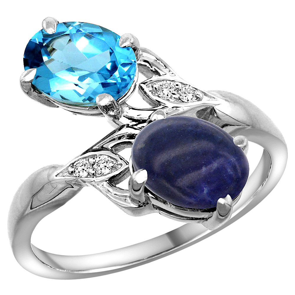 14k White Gold Diamond Natural Swiss Blue Topaz & Lapis 2-stone Ring Oval 8x6mm, sizes 5 - 10
