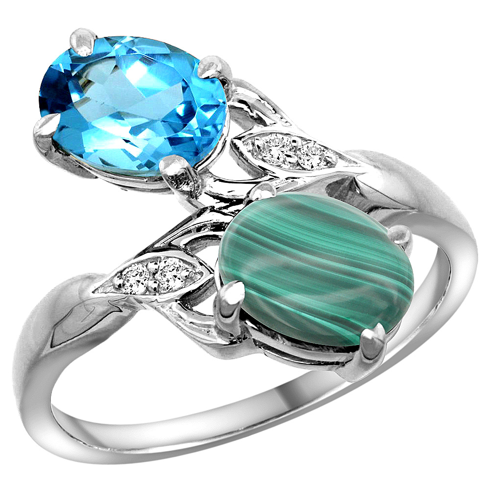 14K WHITE GOLD DIAMOND NATURAL SWISS BLUE TOPAZ & MALACHITE 2-STONE RING OVAL 8X6MM, SIZES 5 - 10