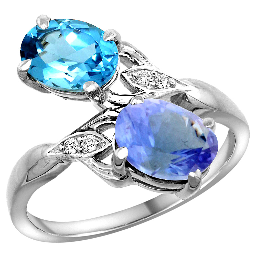 14k White Gold Diamond Natural Swiss Blue Topaz &amp; Tanzanite 2-stone Ring Oval 8x6mm, sizes 5 - 10
