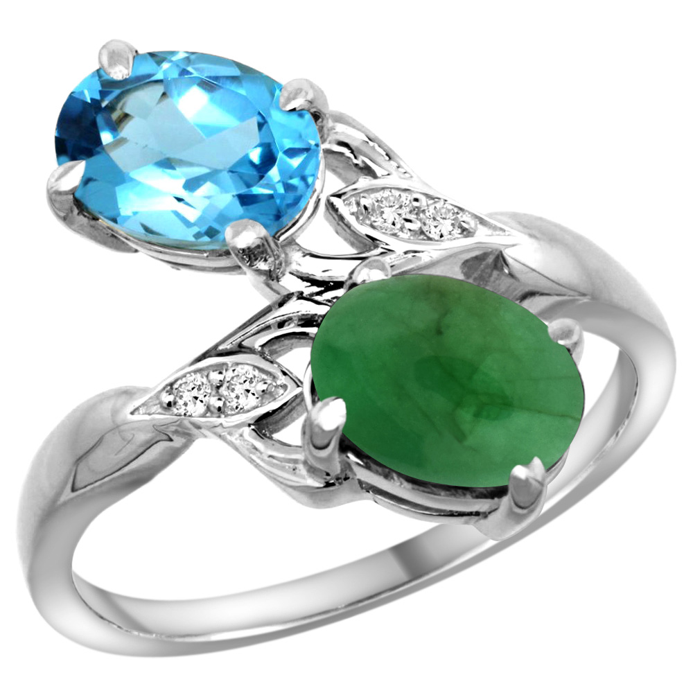 14k White Gold Diamond Natural Swiss Blue Topaz &amp; Cabochon Emerald 2-stone Ring Oval 8x6mm, sizes 5 - 10