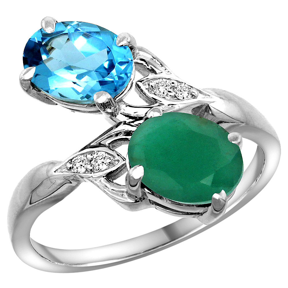 14K WHITE GOLD DIAMOND NATURAL SWISS BLUE TOPAZ & QUALITY EMERALD 2-STONE MOTHERS RING OVAL 8X6MM,SZ 5-10