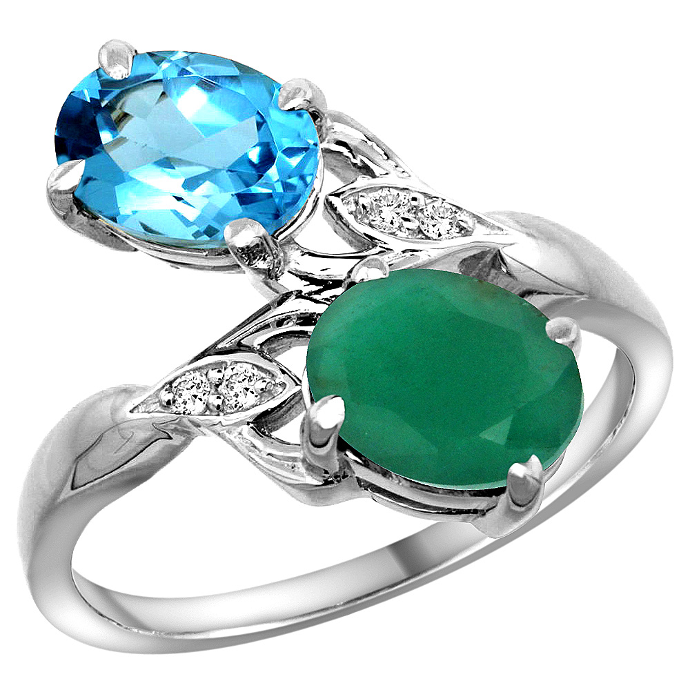 10K White Gold Diamond Natural Swiss Blue Topaz&amp;Quality Emerald 2-stone Mothers Ring Oval 8x6mm,size 5-10