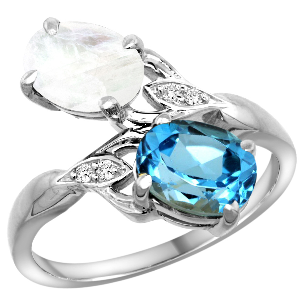14K WHITE GOLD DIAMOND NATURAL SWISS BLUE TOPAZ & RAINBOW MOONSTONE 2-STONE RING OVAL 8X6MM, SIZES 5 - 10