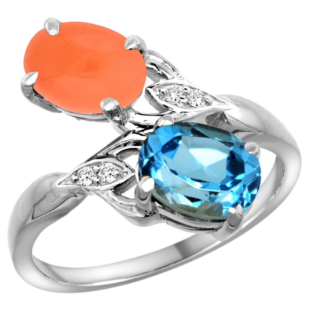14K WHITE GOLD DIAMOND NATURAL SWISS BLUE TOPAZ & ORANGE MOONSTONE 2-STONE RING OVAL 8X6MM, SIZES 5 - 10