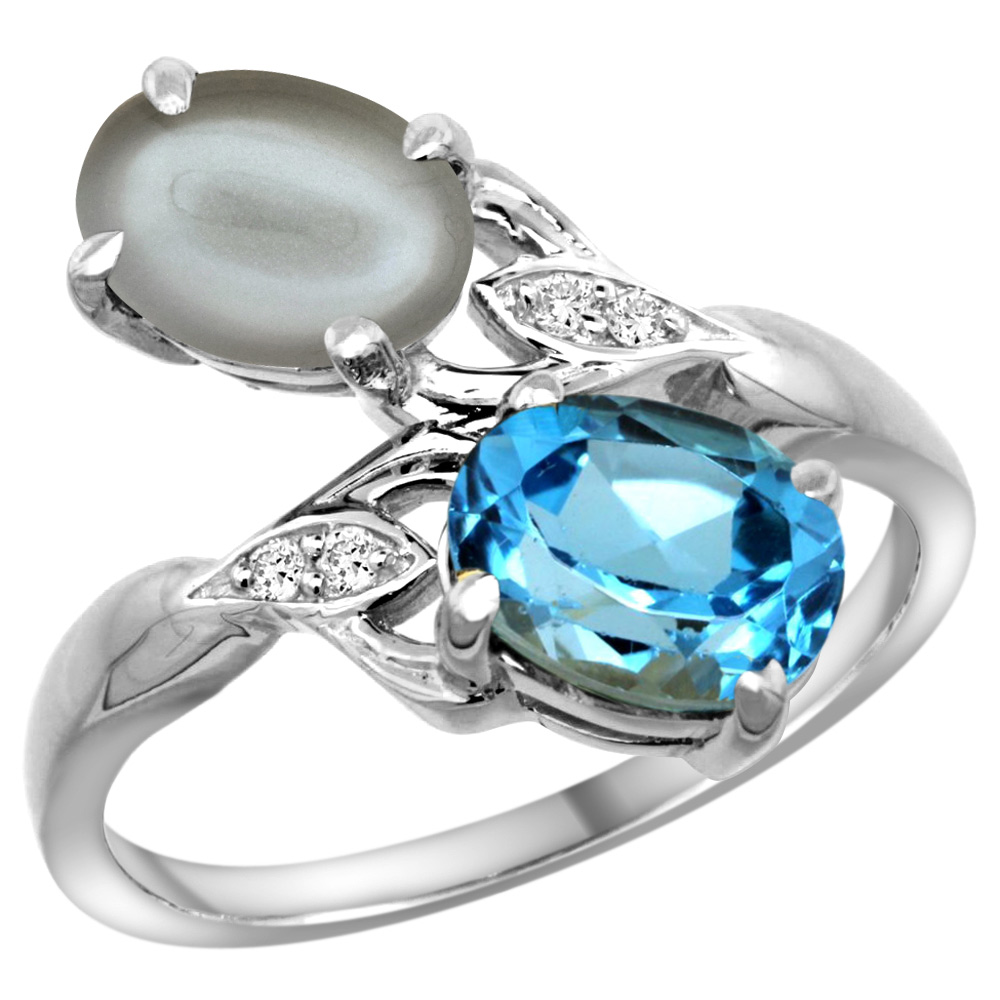 14K WHITE GOLD DIAMOND NATURAL SWISS BLUE TOPAZ & GRAY MOONSTONE 2-STONE RING OVAL 8X6MM, SIZES 5 - 10