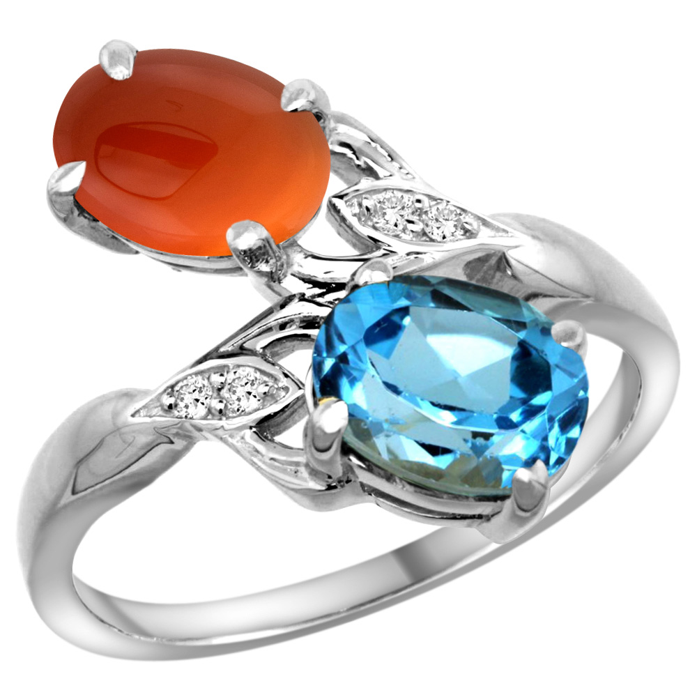 14k White Gold Diamond Natural Swiss Blue Topaz & Brown Agate 2-stone Ring Oval 8x6mm, sizes 5 - 10