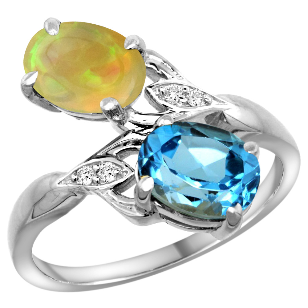 14k White Gold Diamond Natural Swiss Blue Topaz &amp; Ethiopian Opal 2-stone Mothers Ring Oval 8x6mm, sz5-10