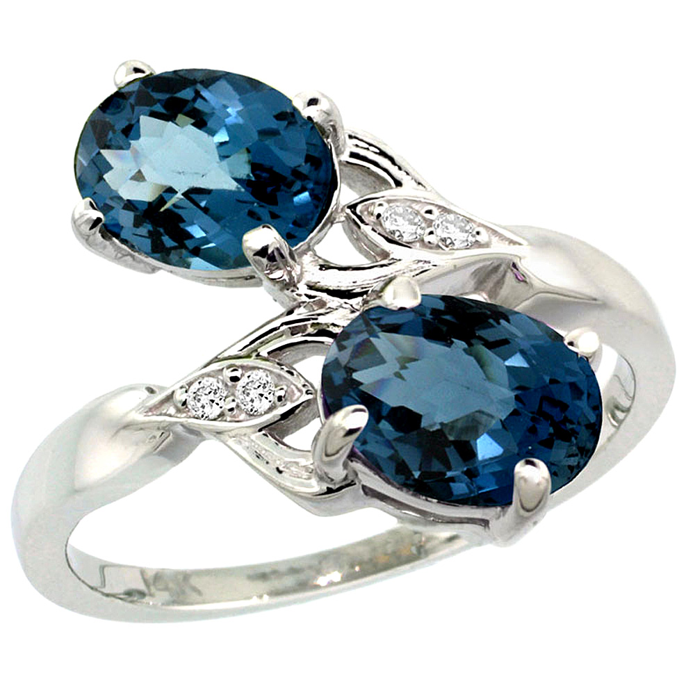 14K WHITE GOLD DIAMOND NATURAL LONDON BLUE TOPAZ 2-STONE RING OVAL 8X6MM, SIZES 5 - 10