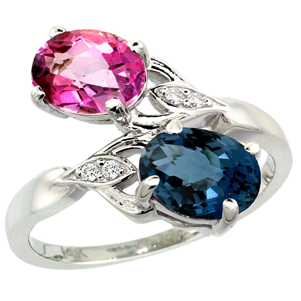 14k White Gold Diamond Natural London Blue &amp; Pink Topaz 2-stone Ring Oval 8x6mm, sizes 5 - 10