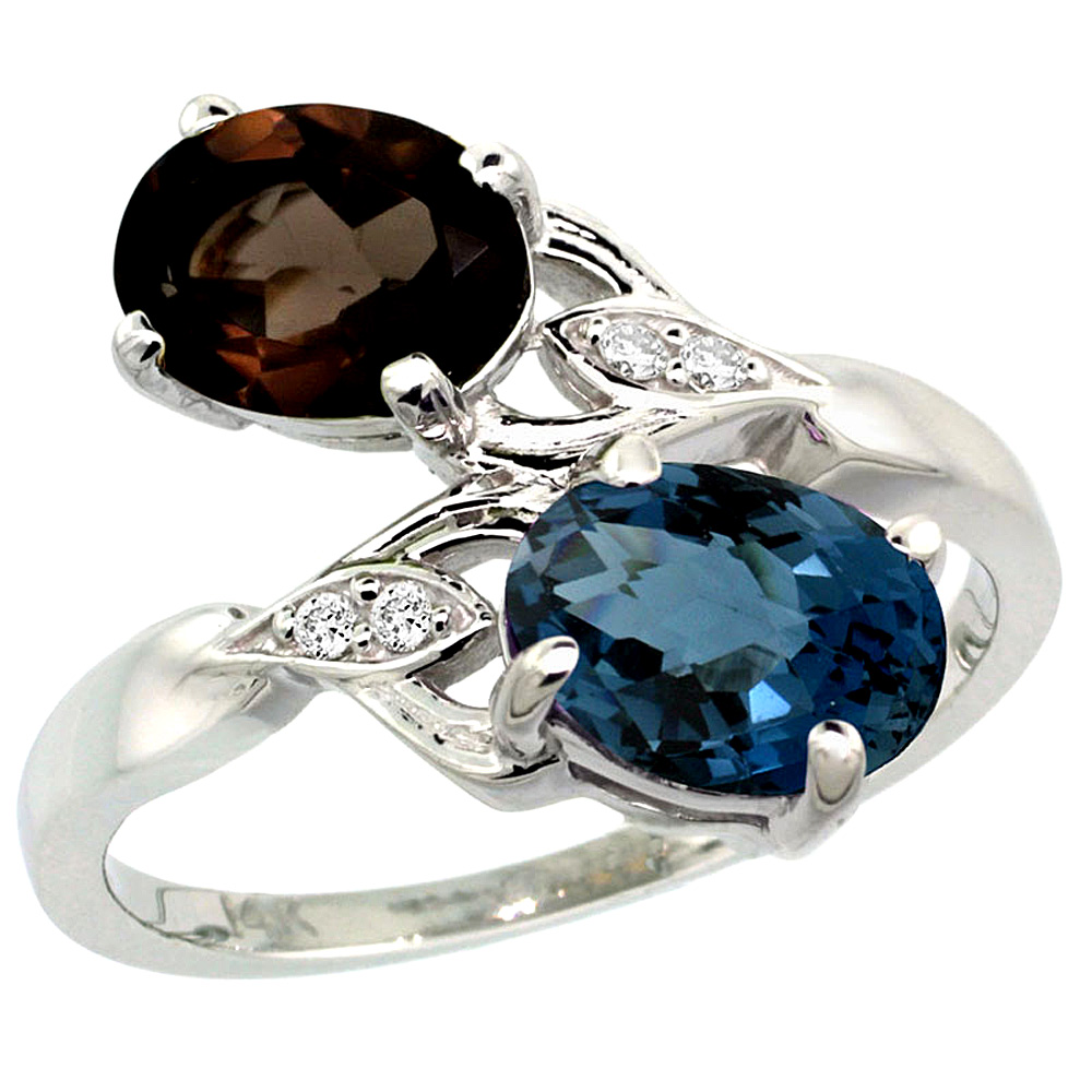 14k White Gold Diamond Natural London Blue &amp; Smoky Topaz 2-stone Ring Oval 8x6mm, sizes 5 - 10