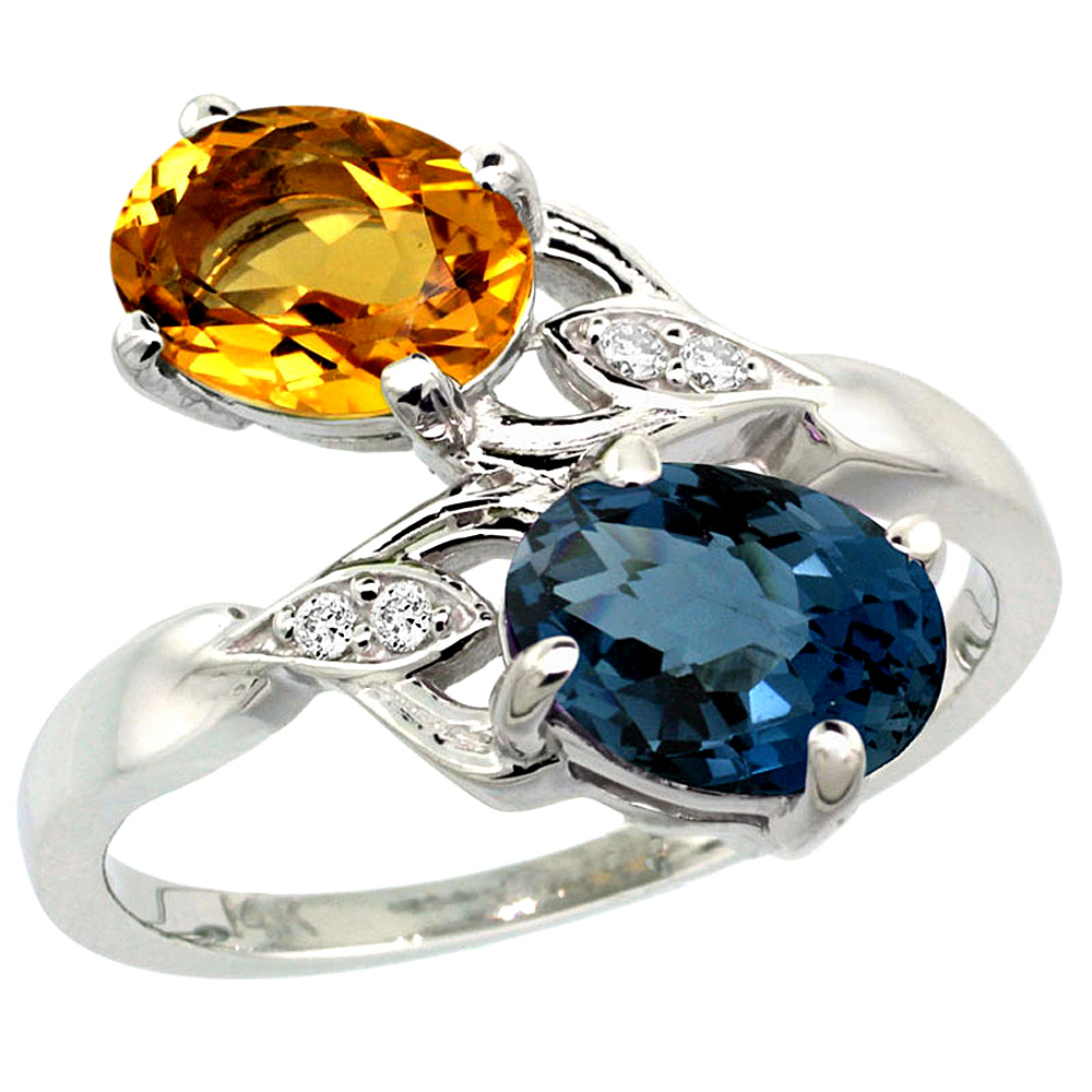 14k White Gold Diamond Natural London Blue Topaz &amp; Citrine 2-stone Ring Oval 8x6mm, sizes 5 - 10