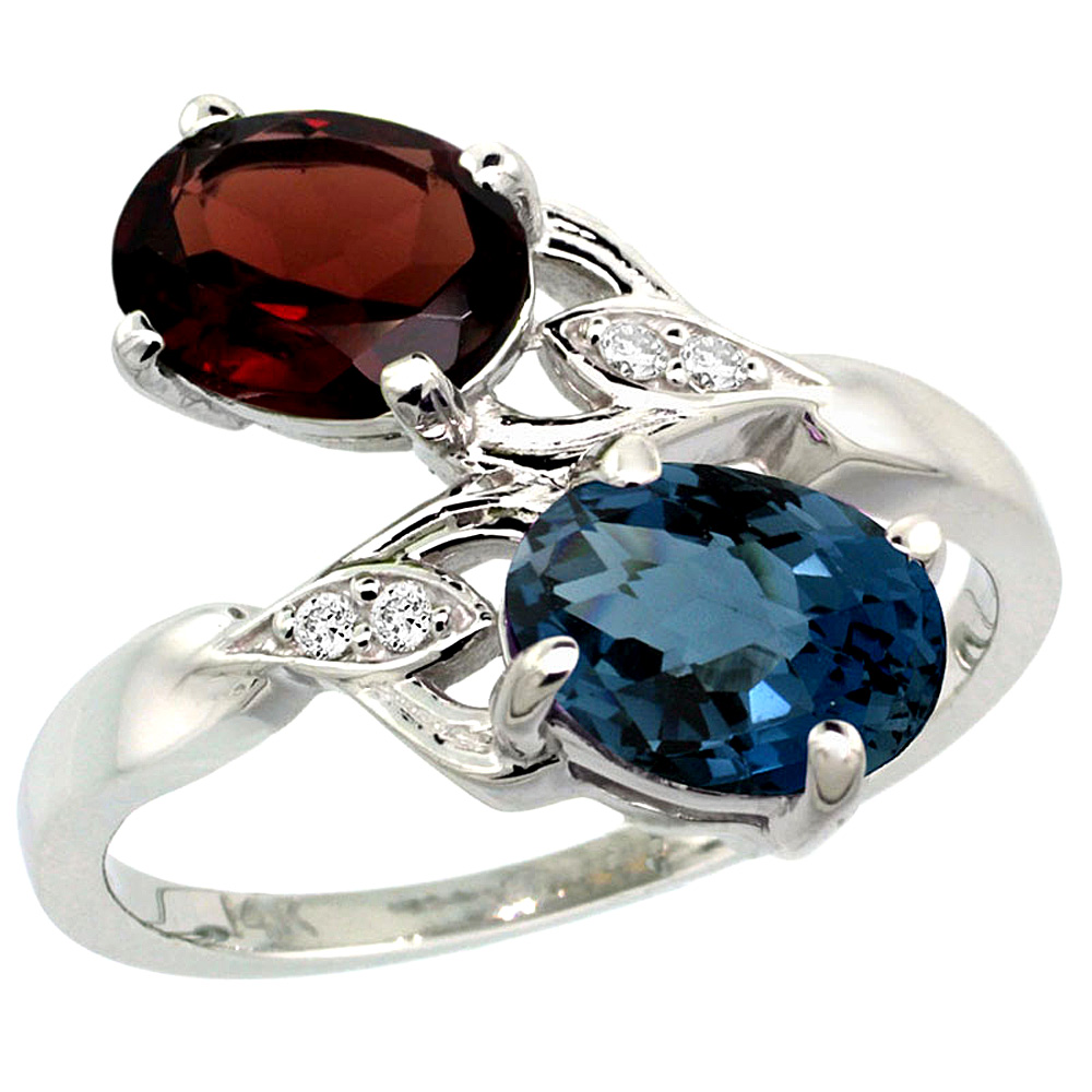 14K WHITE GOLD DIAMOND NATURAL LONDON BLUE TOPAZ & GARNET 2-STONE RING OVAL 8X6MM, SIZES 5 - 10