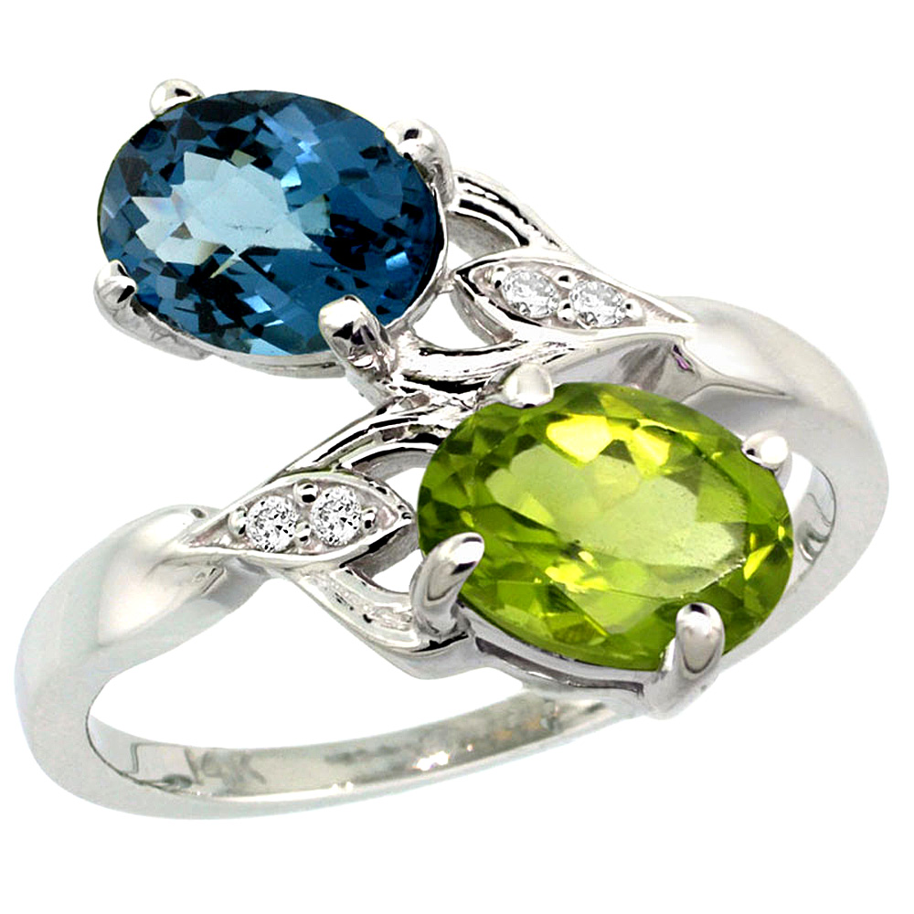 14K WHITE GOLD DIAMOND NATURAL LONDON BLUE TOPAZ & PERIDOT 2-STONE RING OVAL 8X6MM, SIZES 5 - 10