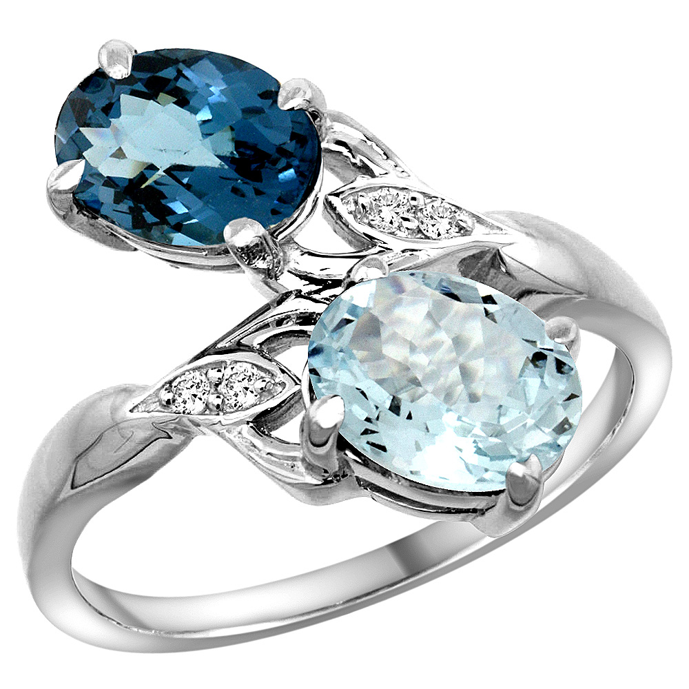 14K WHITE GOLD DIAMOND NATURAL LONDON BLUE TOPAZ & AQUAMARINE 2-STONE RING OVAL 8X6MM, SIZES 5 - 10