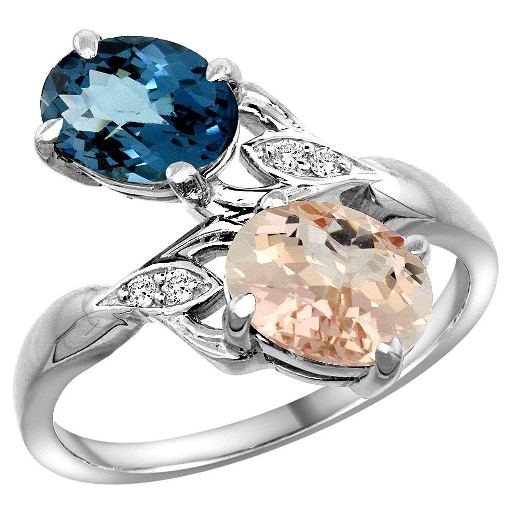 14K WHITE GOLD DIAMOND NATURAL LONDON BLUE TOPAZ & MORGANITE 2-STONE RING OVAL 8X6MM, SIZES 5 - 10