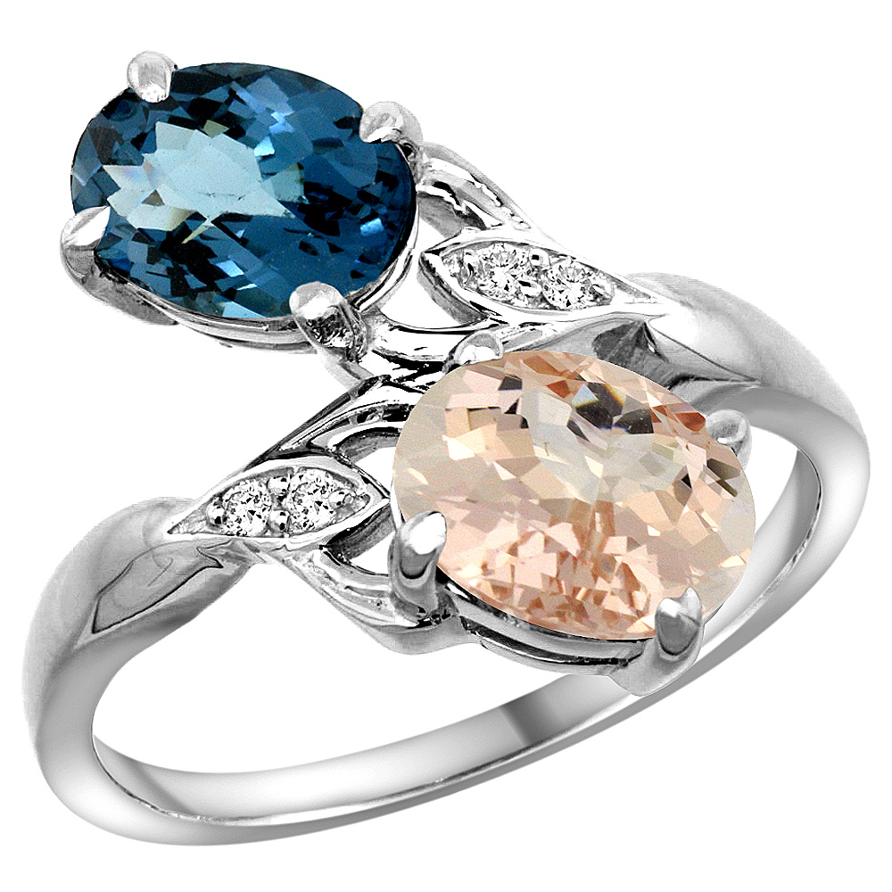 14k White Gold Diamond Natural London Blue Topaz &amp; Morganite 2-stone Ring Oval 8x6mm, sizes 5 - 10