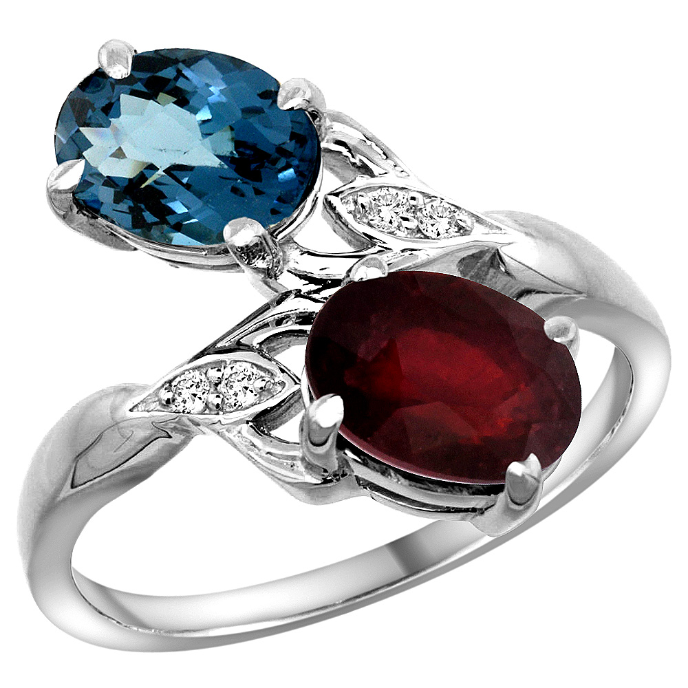 14K WHITE GOLD DIAMOND NATURAL LONDON BLUE TOPAZ & ENHANCED GENUINE RUBY 2-STONE RING OVAL 8X6MM, SIZES 5 - 10