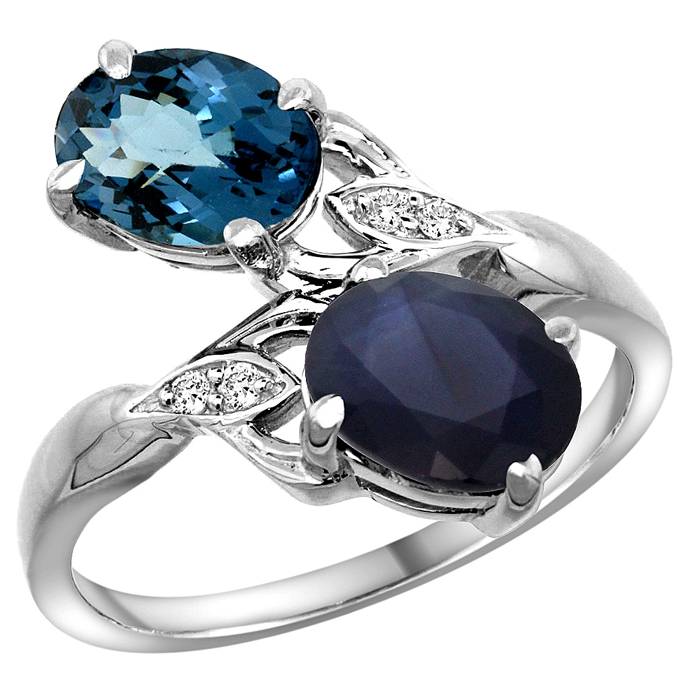 14K WHITE GOLD DIAMOND NATURAL LONDON BLUE TOPAZ & BLUE SAPPHIRE 2-STONE RING OVAL 8X6MM, SIZES 5 - 10