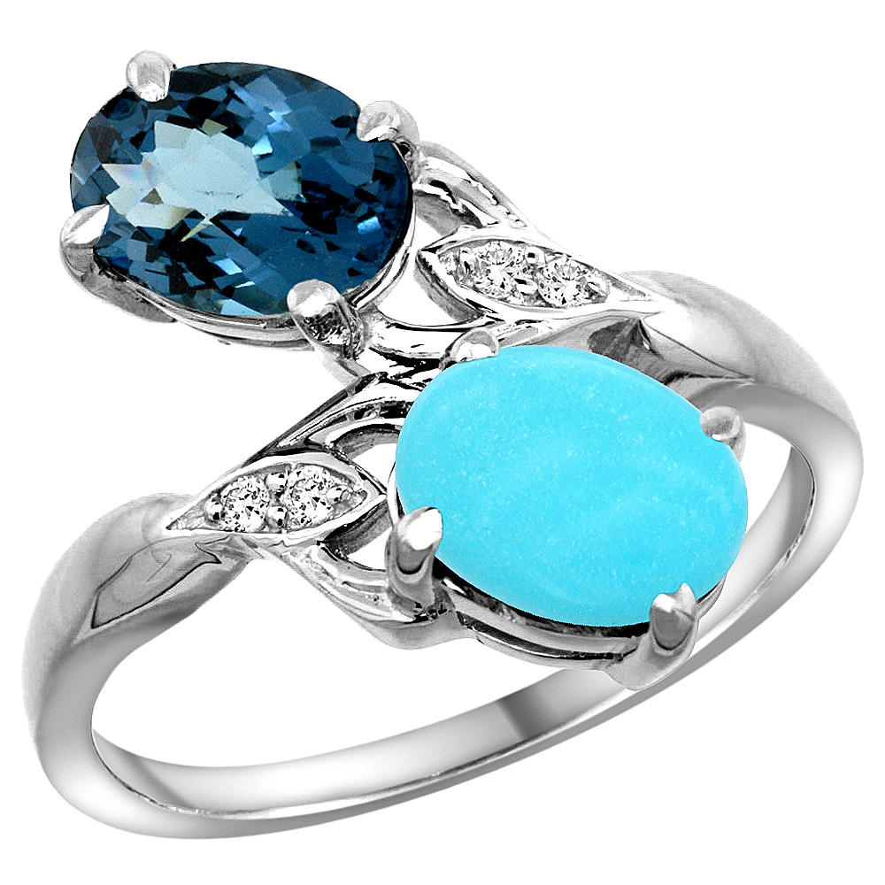 14K WHITE GOLD DIAMOND NATURAL LONDON BLUE TOPAZ & TURQUOISE 2-STONE RING OVAL 8X6MM, SIZES 5 - 10