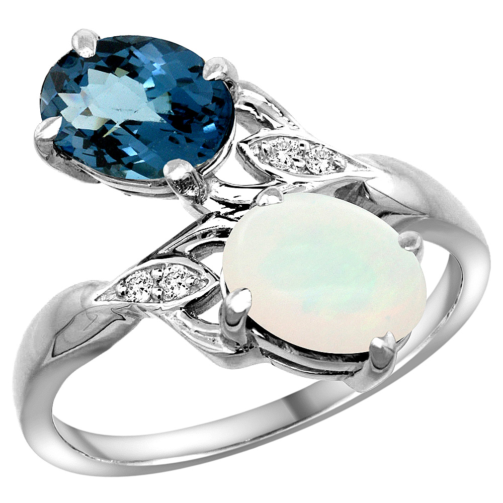 14K WHITE GOLD DIAMOND NATURAL LONDON BLUE TOPAZ & OPAL 2-STONE RING OVAL 8X6MM, SIZES 5 - 10