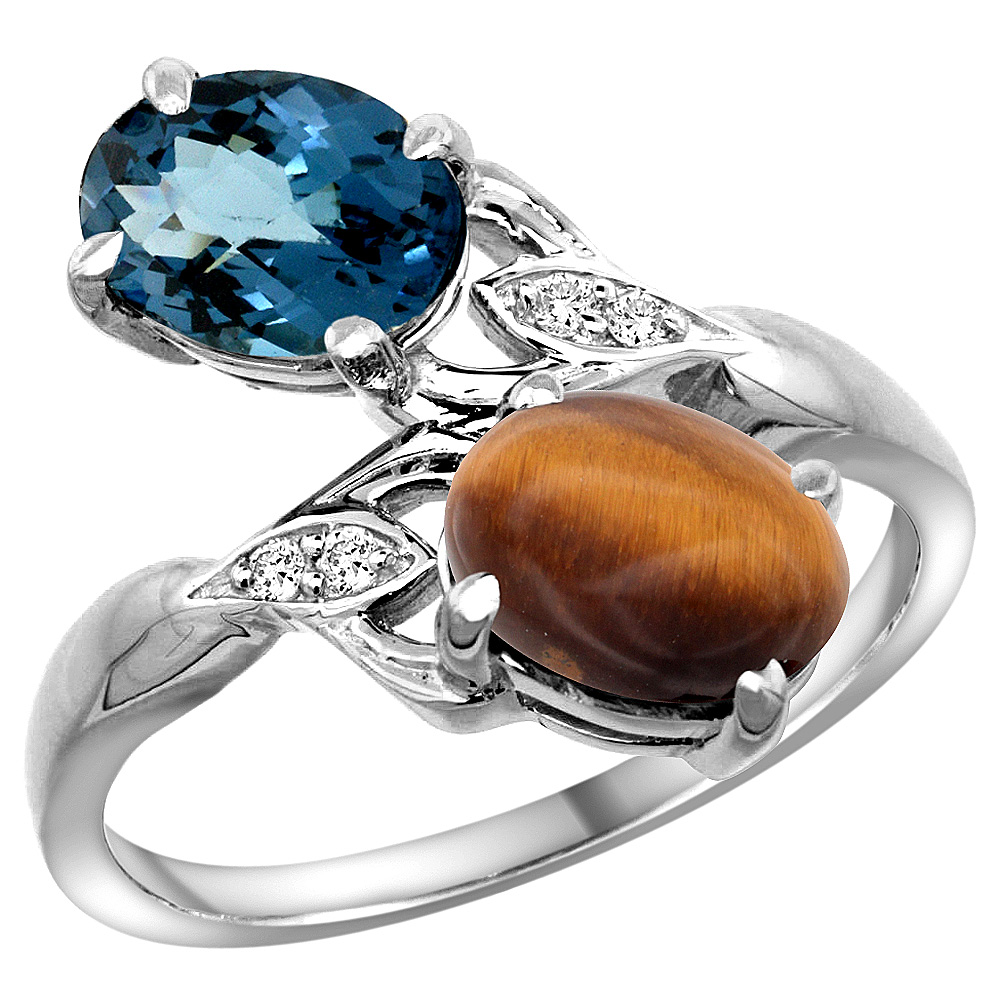 14K WHITE GOLD DIAMOND NATURAL LONDON BLUE TOPAZ & TIGER EYE 2-STONE RING OVAL 8X6MM, SIZES 5 - 10