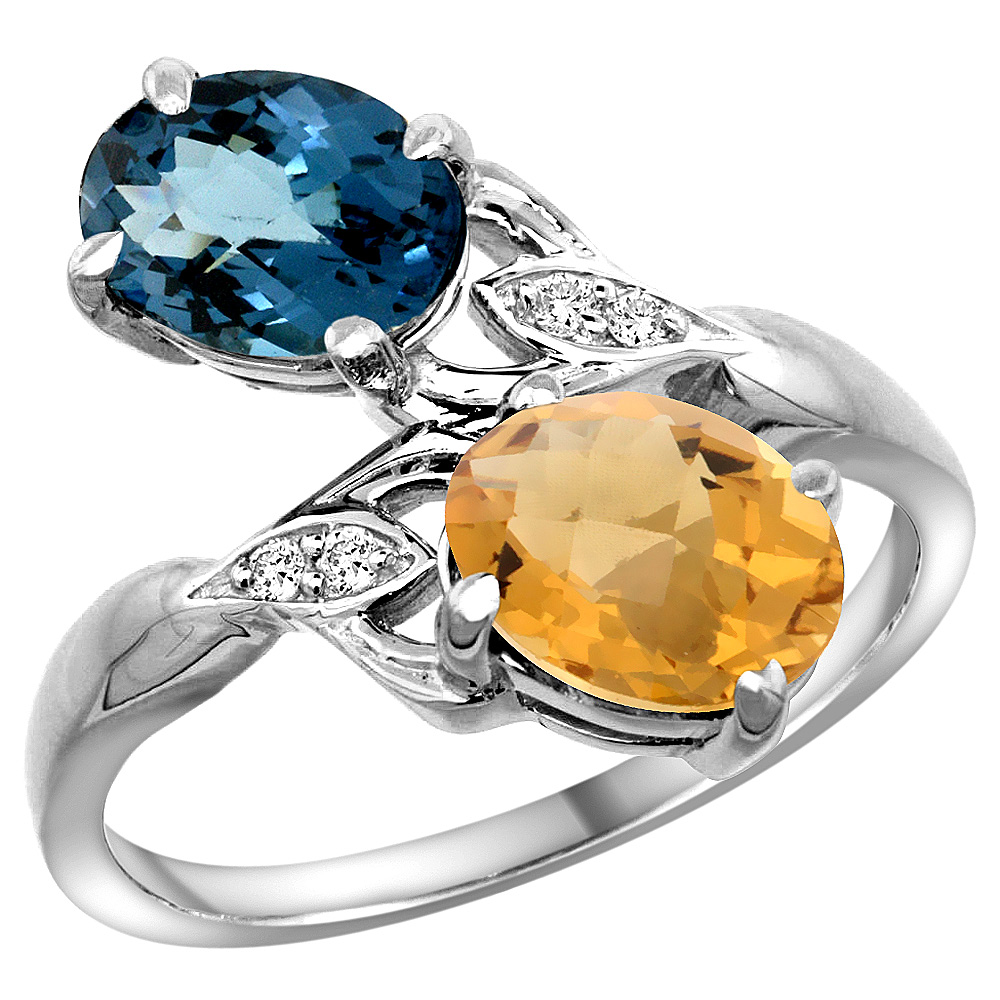 14K WHITE GOLD DIAMOND NATURAL LONDON BLUE TOPAZ & WHISKY QUARTZ 2-STONE RING OVAL 8X6MM, SIZES 5 - 10