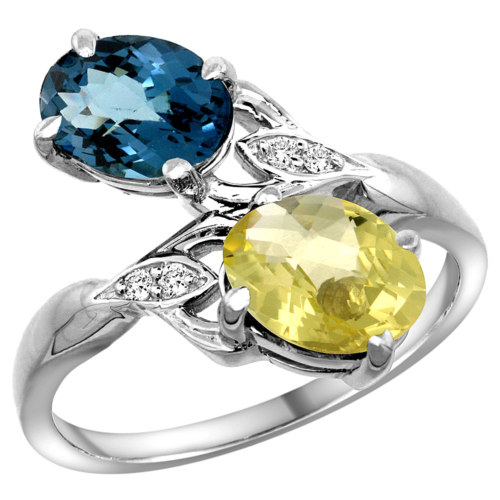 14K WHITE GOLD DIAMOND NATURAL LONDON BLUE TOPAZ & LEMON QUARTZ 2-STONE RING OVAL 8X6MM, SIZES 5 - 10