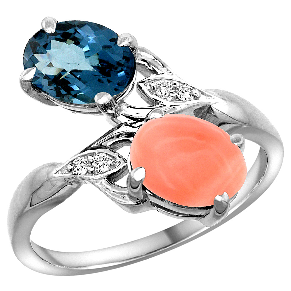 14K WHITE GOLD DIAMOND NATURAL LONDON BLUE TOPAZ & CORAL 2-STONE RING OVAL 8X6MM, SIZES 5 - 10