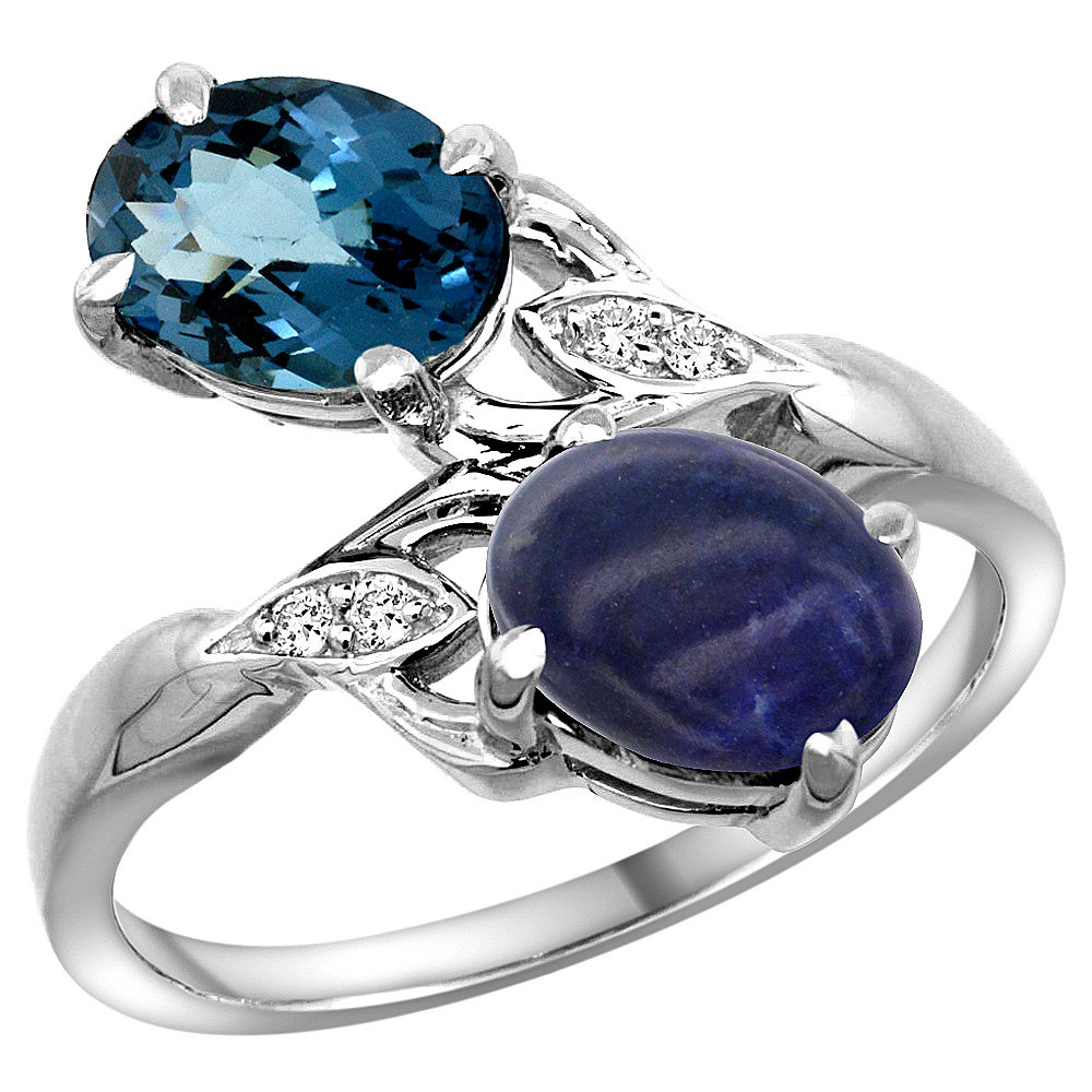 14K WHITE GOLD DIAMOND NATURAL LONDON BLUE TOPAZ & LAPIS 2-STONE RING OVAL 8X6MM, SIZES 5 - 10