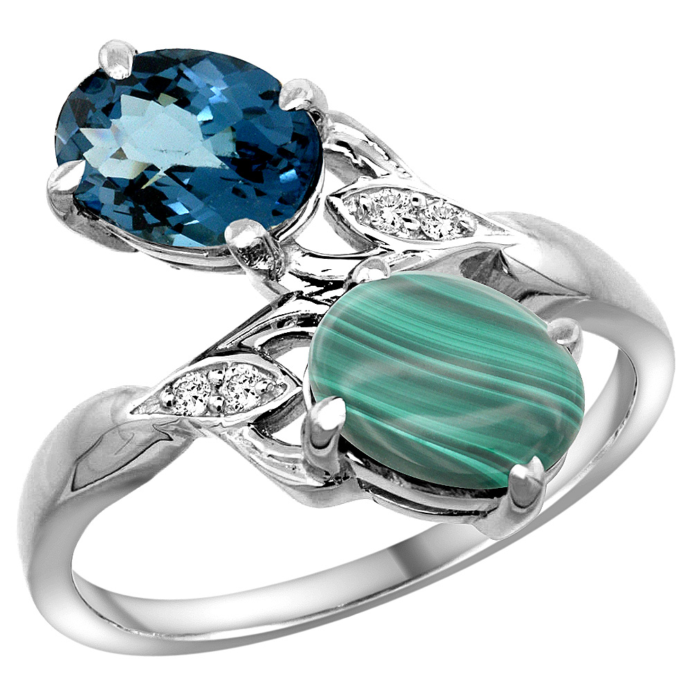 14K WHITE GOLD DIAMOND NATURAL LONDON BLUE TOPAZ & MALACHITE 2-STONE RING OVAL 8X6MM, SIZES 5 - 10