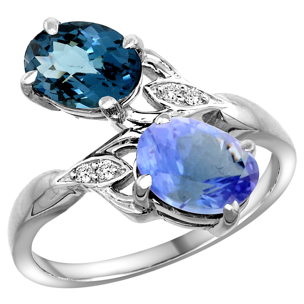 14K WHITE GOLD DIAMOND NATURAL LONDON BLUE TOPAZ & TANZANITE 2-STONE RING OVAL 8X6MM, SIZES 5 - 10