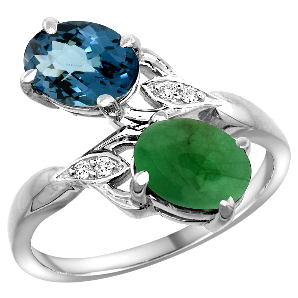 14K WHITE GOLD DIAMOND NATURAL LONDON BLUE TOPAZ & CABOCHON EMERALD 2-STONE RING OVAL 8X6MM, SIZES 5 - 10