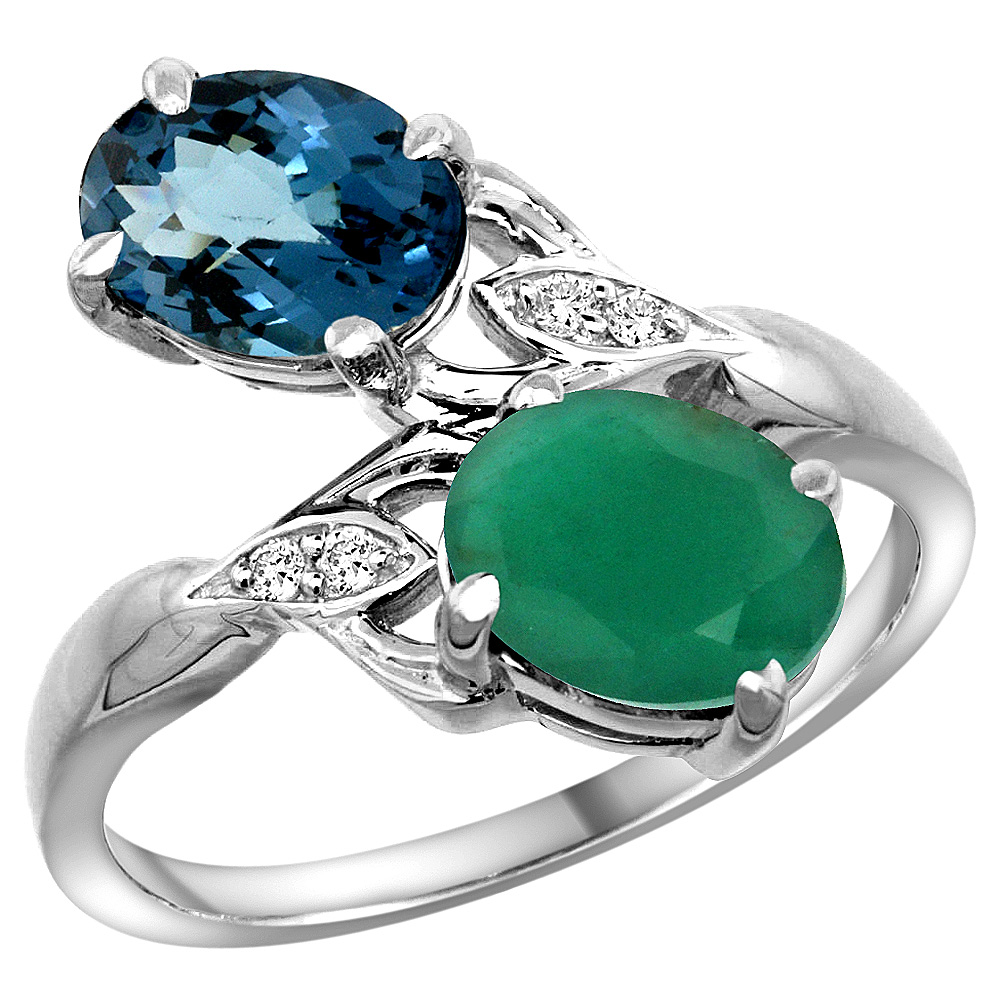 14K WHITE GOLD DIAMOND NATURAL LONDON BLUE TOPAZ&QUALITY EMERALD 2-STONE MOTHERS RING OVAL 8X6MM,SZ5 - 10