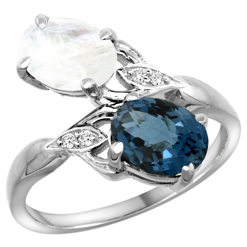 14K WHITE GOLD DIAMOND NATURAL LONDON BLUE TOPAZ & RAINBOW MOONSTONE 2-STONE RING OVAL 8X6MM, SIZES 5 - 10