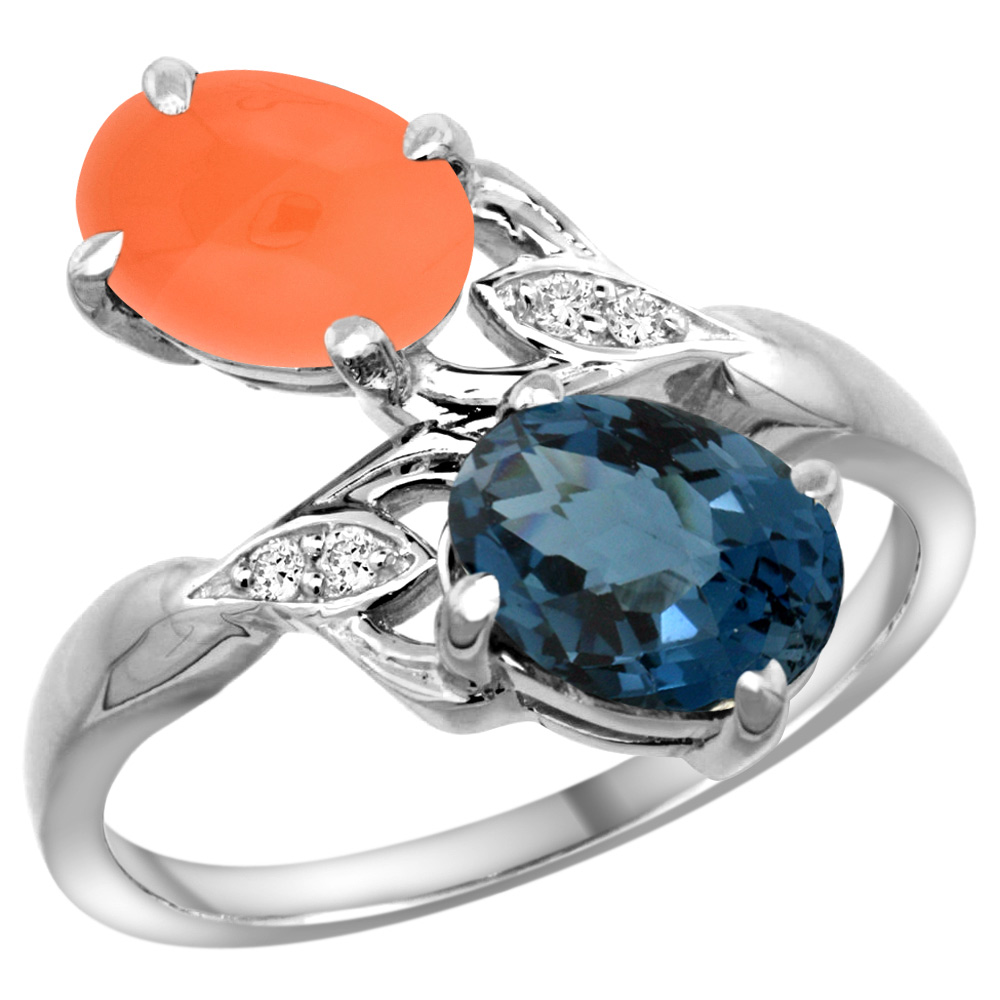 14K WHITE GOLD DIAMOND NATURAL LONDON BLUE TOPAZ & ORANGE MOONSTONE 2-STONE RING OVAL 8X6MM, SIZES 5 - 10