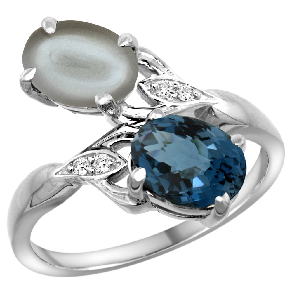 14K WHITE GOLD DIAMOND NATURAL LONDON BLUE TOPAZ & GRAY MOONSTONE 2-STONE RING OVAL 8X6MM, SIZES 5 - 10
