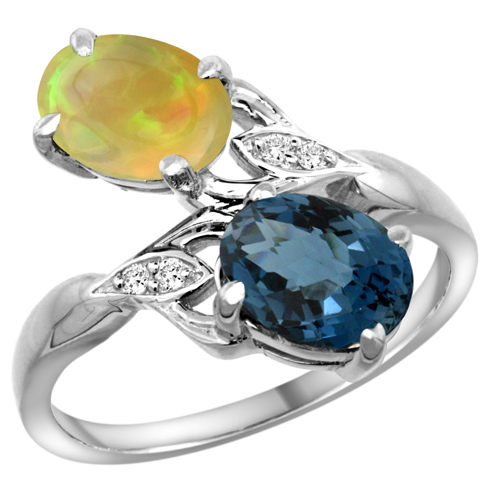 10K White Gold Diamond Natural London Blue Topaz&amp;Ethiopian Opal 2-stone Mothers Ring Oval 8x6mm,size 5-10