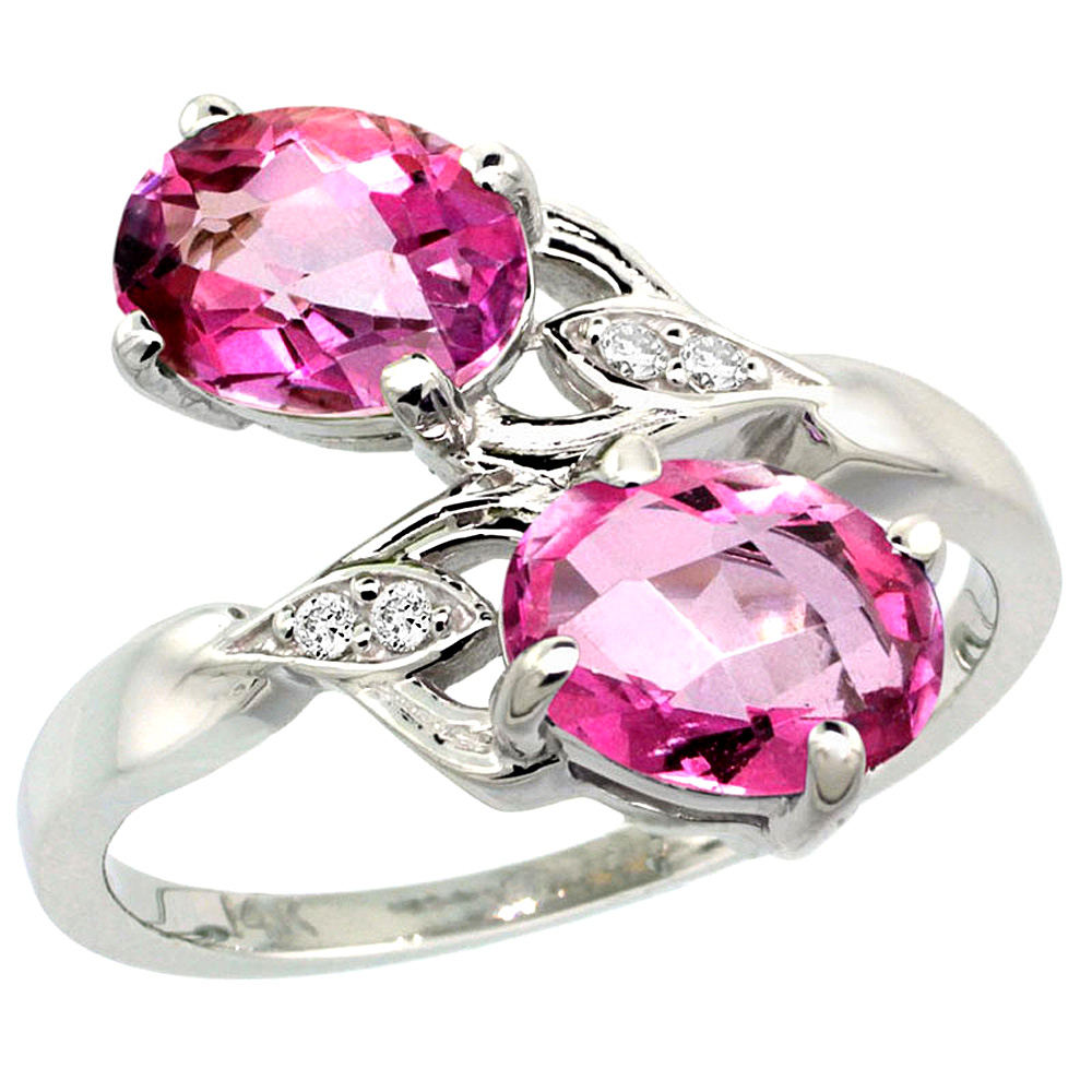 14k White Gold Diamond Natural Pink Topaz 2-stone Ring Oval 8x6mm, sizes 5 - 10