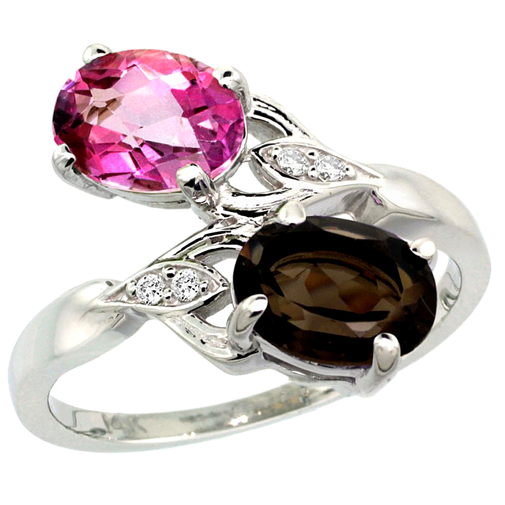 14K WHITE GOLD DIAMOND NATURAL PINK & SMOKY TOPAZ 2-STONE RING OVAL 8X6MM, SIZES 5 - 10