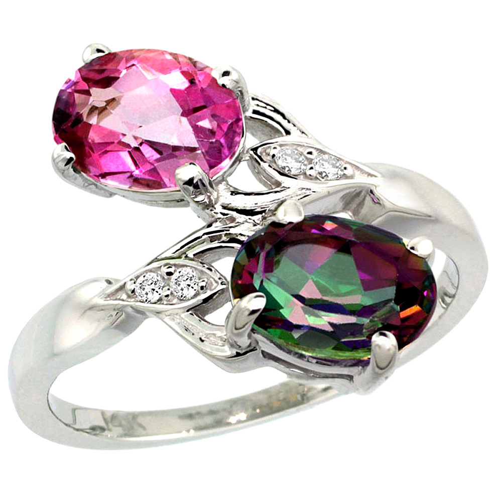 10K White Gold Diamond Natural Pink & Mystic Topaz 2-stone Ring Oval 8x6mm, sizes 5 - 10