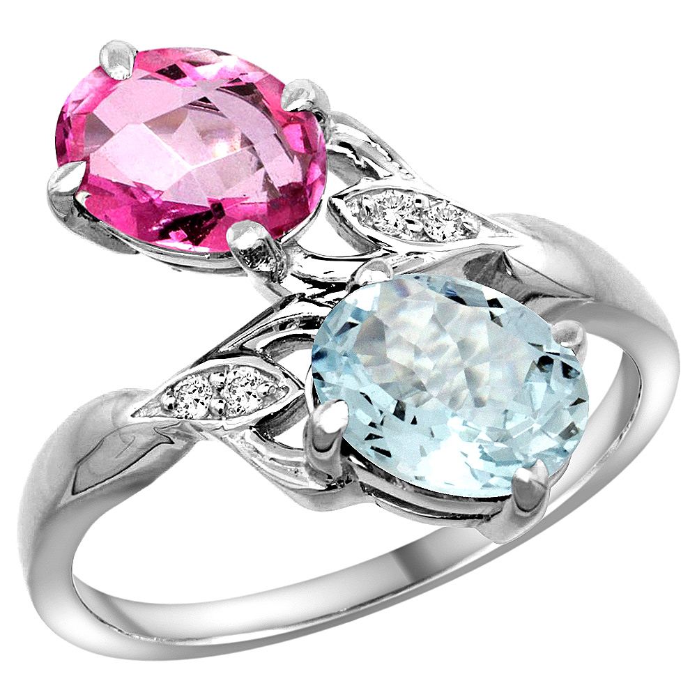 14k White Gold Diamond Natural Pink Topaz &amp; Aquamarine 2-stone Ring Oval 8x6mm, sizes 5 - 10