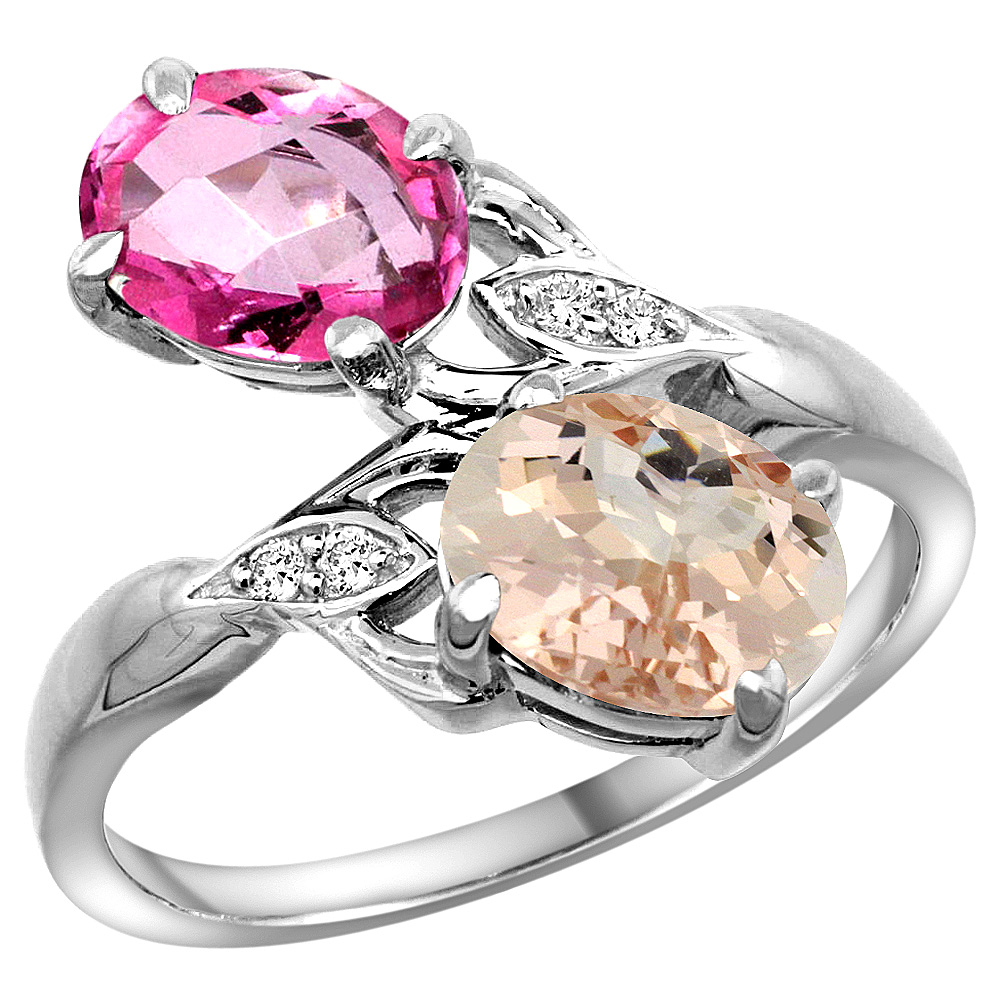 14K WHITE GOLD DIAMOND NATURAL PINK TOPAZ & MORGANITE 2-STONE RING OVAL 8X6MM, SIZES 5 - 10