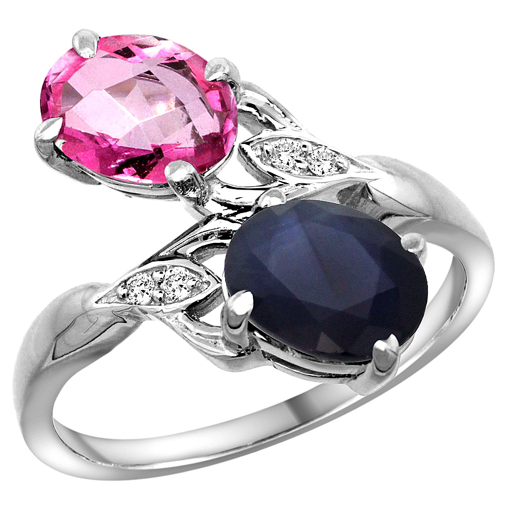 14K WHITE GOLD DIAMOND NATURAL PINK TOPAZ & BLUE SAPPHIRE 2-STONE RING OVAL 8X6MM, SIZES 5 - 10
