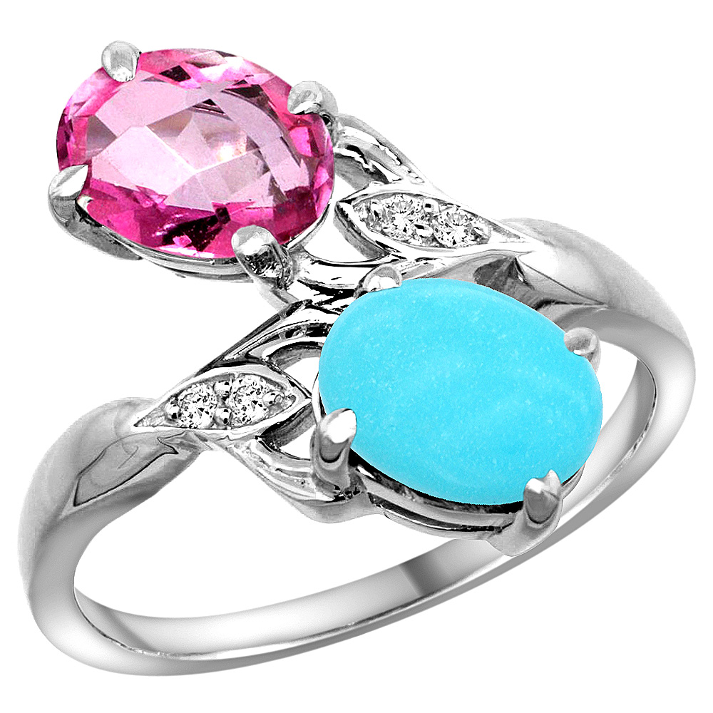 14k White Gold Diamond Natural Pink Topaz &amp; Turquoise 2-stone Ring Oval 8x6mm, sizes 5 - 10