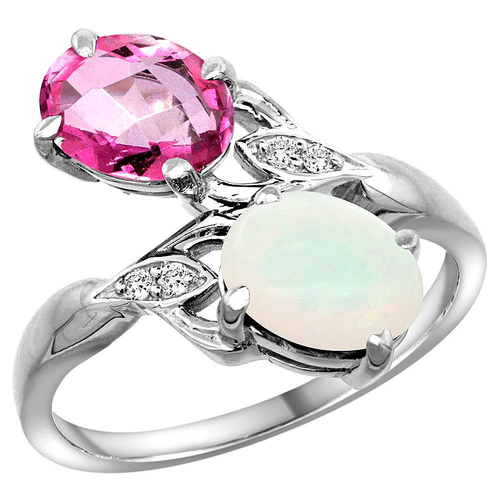 10K White Gold Diamond Natural Pink Topaz &amp; Opal 2-stone Ring Oval 8x6mm, sizes 5 - 10
