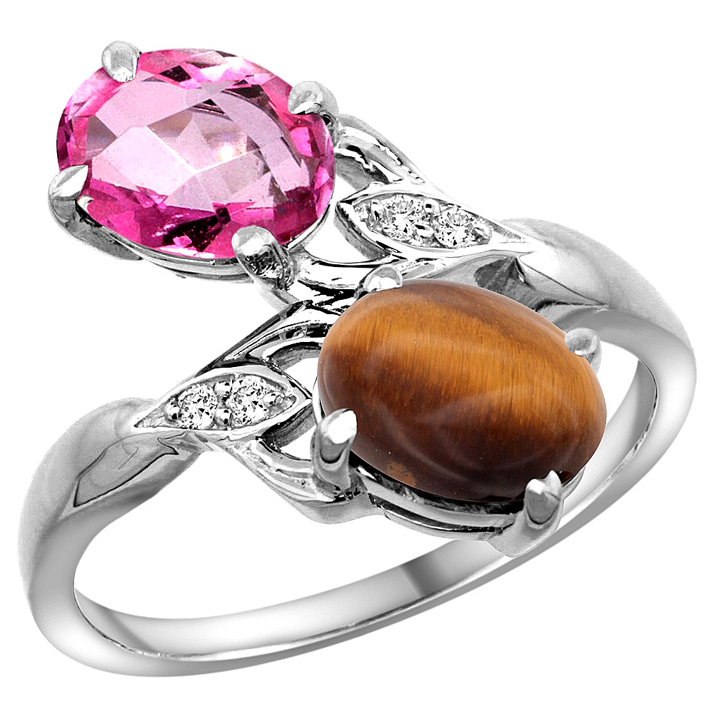 14k White Gold Diamond Natural Pink Topaz &amp; Tiger Eye 2-stone Ring Oval 8x6mm, sizes 5 - 10