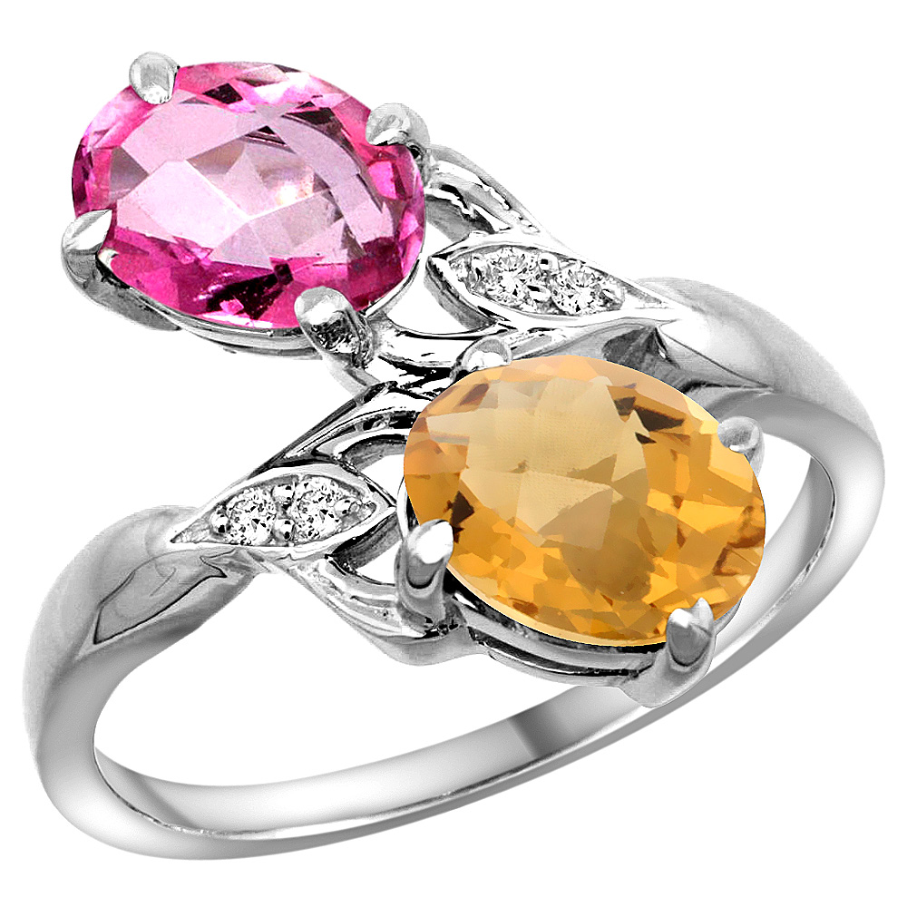 14K WHITE GOLD DIAMOND NATURAL PINK TOPAZ & WHISKY QUARTZ 2-STONE RING OVAL 8X6MM, SIZES 5 - 10